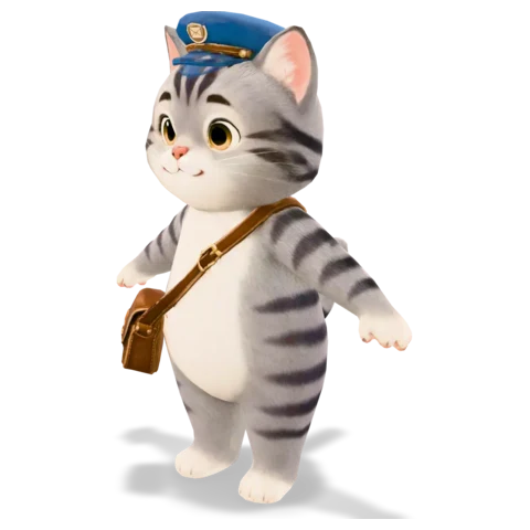 A tabby cat in a mail carrier's cap and satchel.