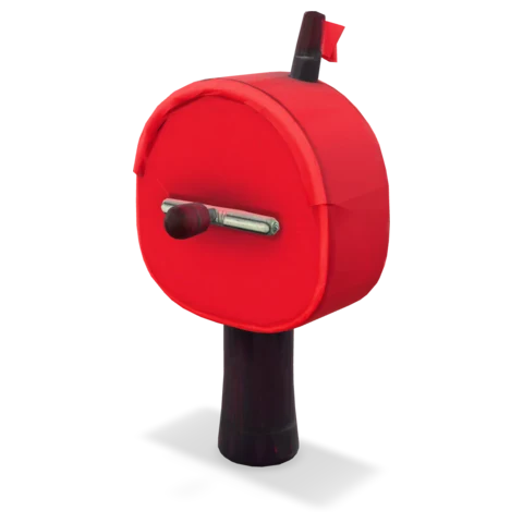 A red mailbox with its flag raised.