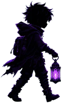A cloaked figure carrying a small lantern.