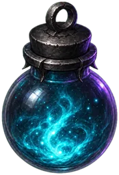 A glass flask holding swirling cyan light.