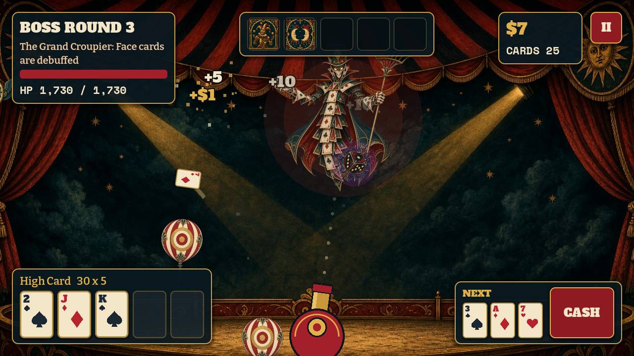 A carnival stage with a boss in a top hat under spotlights, a card cannon at the bottom and a poker hand in the corner