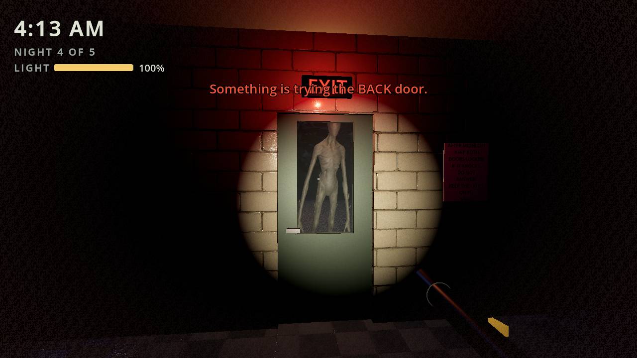 First-person view down a dark corridor, a flashlight beam on an exit door with a pale figure behind the glass, a clock reading 4:13 AM