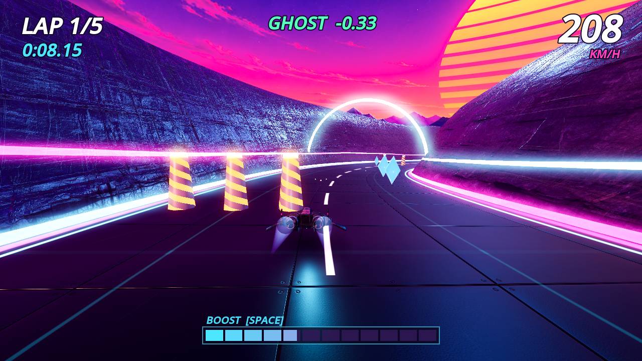 A hover racer on a neon canyon track at sunset, with a lap timer, a ghost split and a boost bar