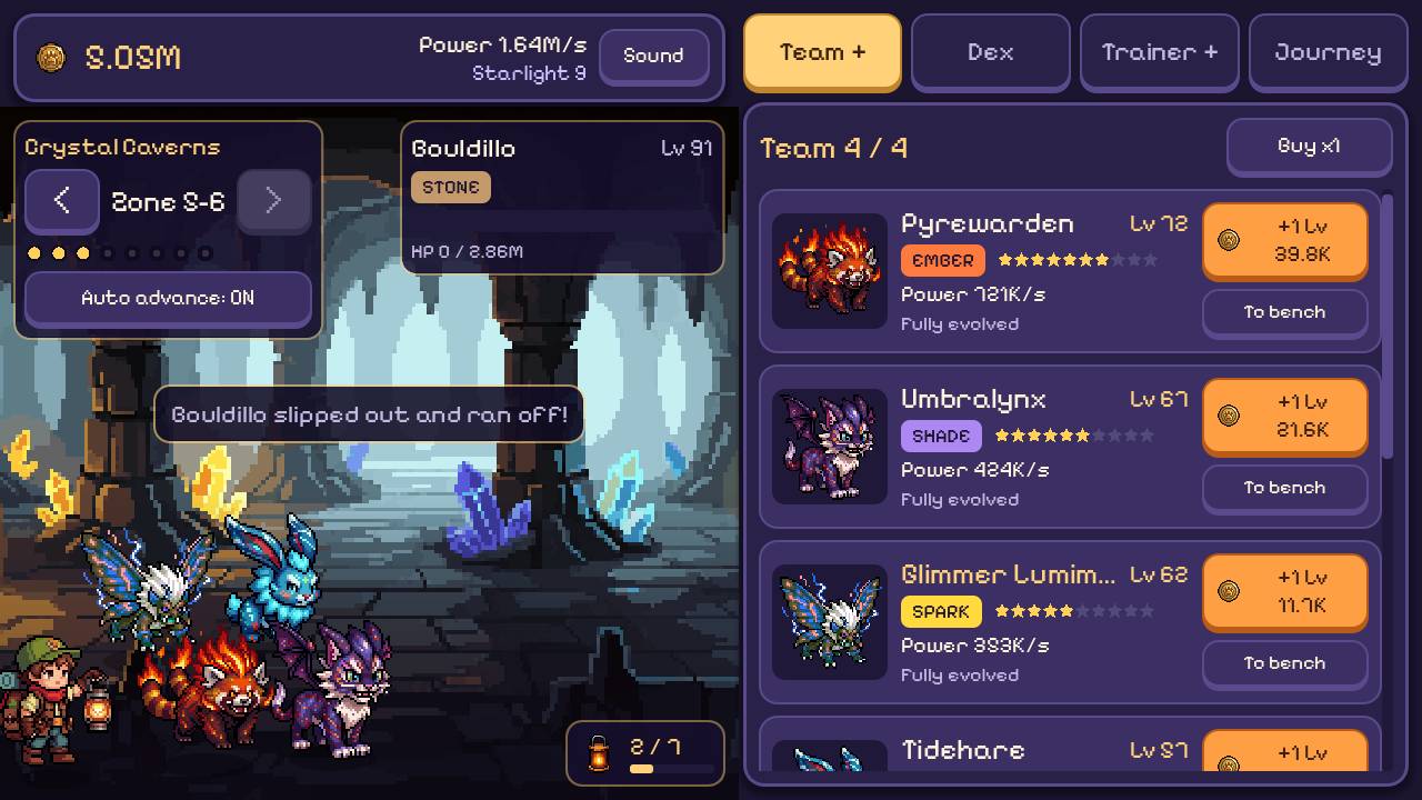 An idle monster-trainer game with a battle scene on the left and a team list on the right