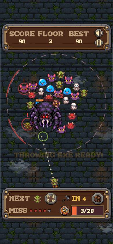 A pixel-art bubble shooter on a phone screen, monsters packed in a ring around a spider boss