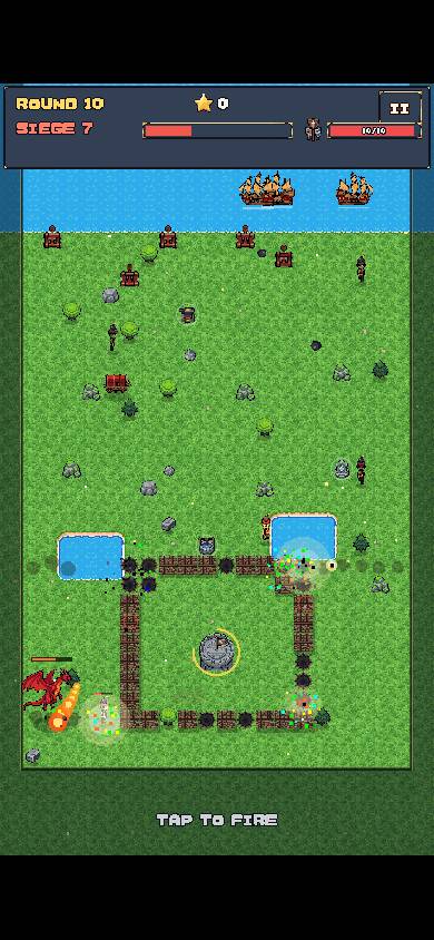 A pixel-art castle builder on a phone screen, with a wall forming around a keep and a tap-to-fire prompt