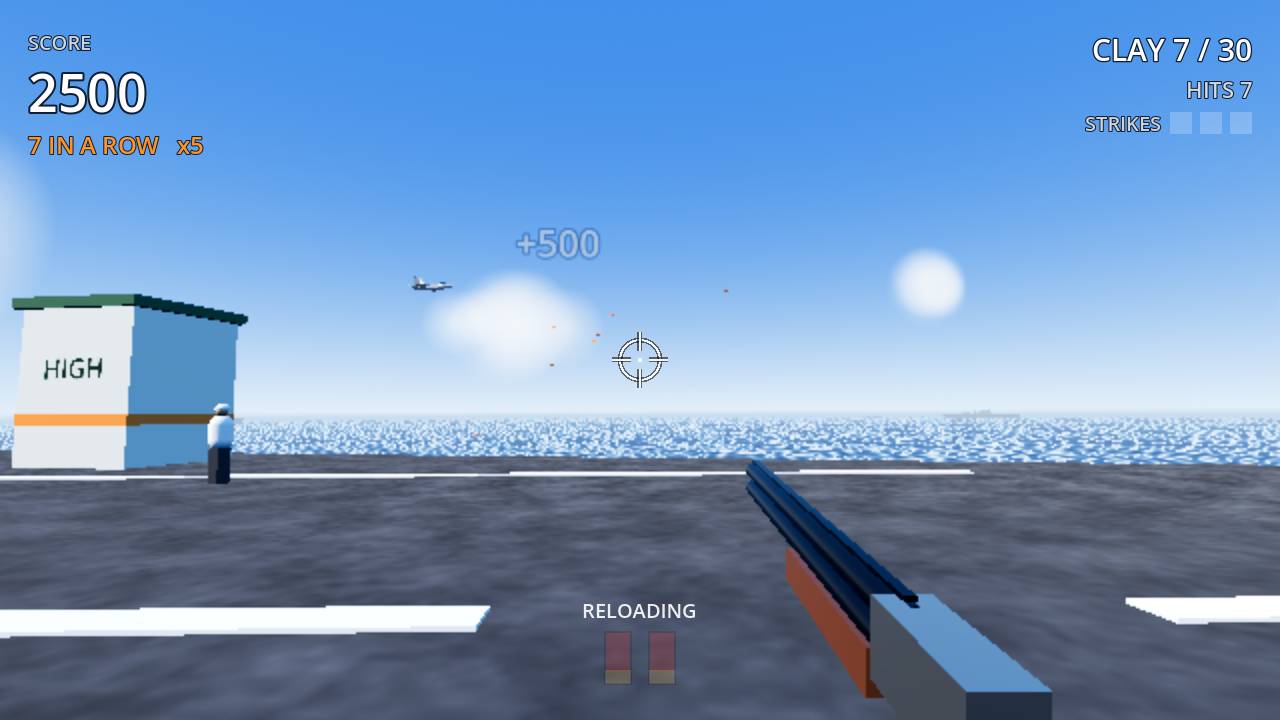 Skeet shooting from the deck of an aircraft carrier, a shotgun in the foreground and a jet in the sky