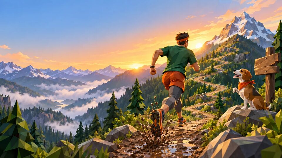 A runner and a hound on a low-poly mountain trail at sunrise