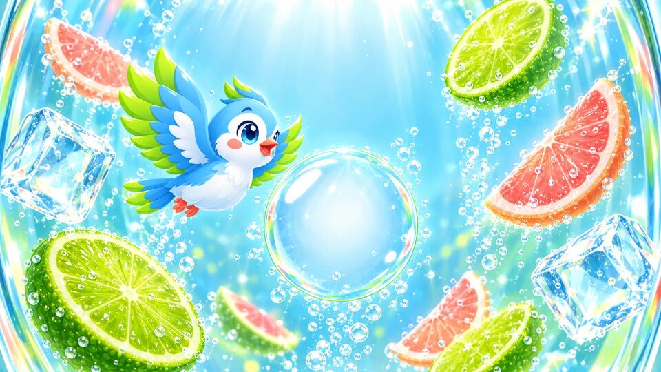 A glossy bubble rising through sparkling water past lime and grapefruit slices, with a bird mascot