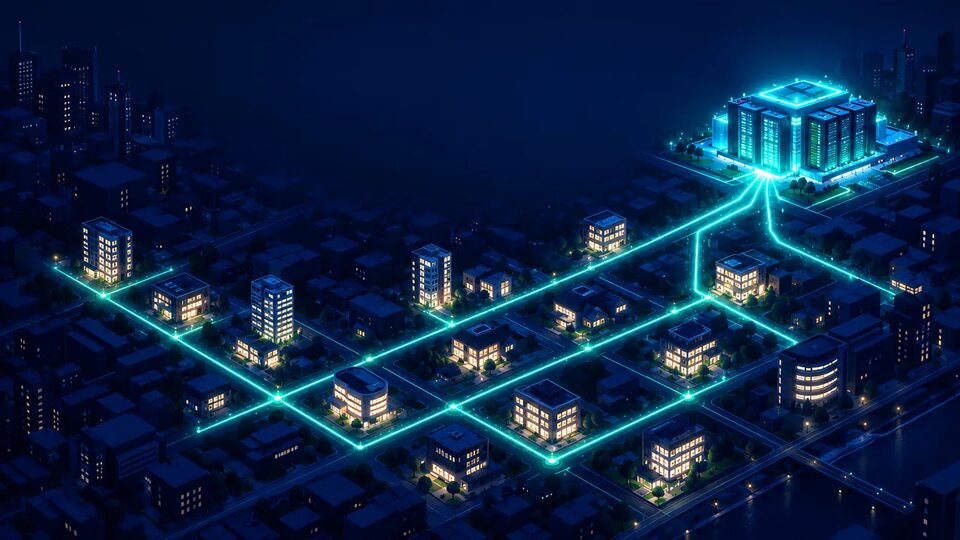 A dark night city with glowing teal lines running from a data centre to lit buildings