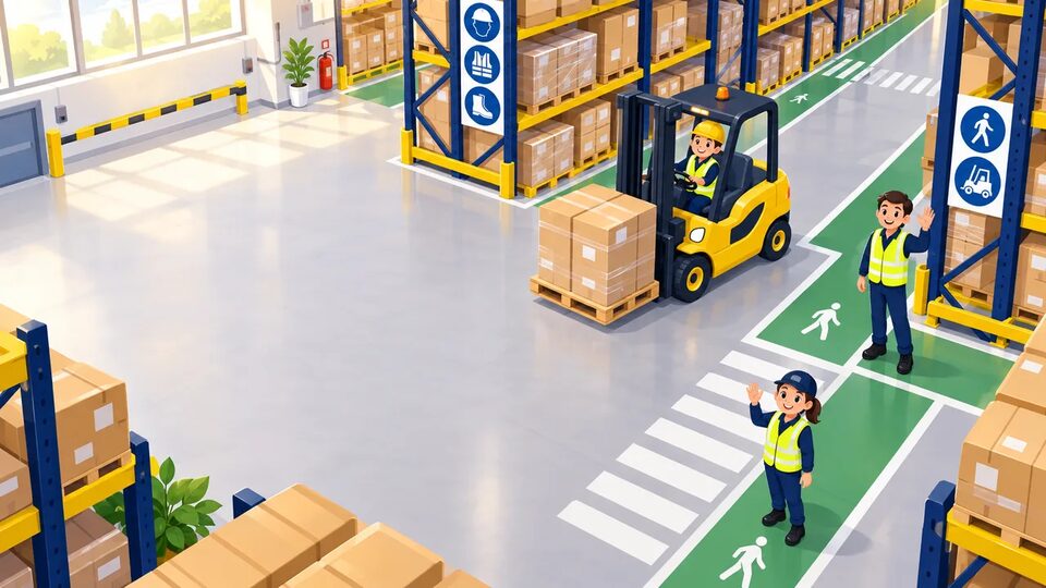 A cartoon warehouse with a forklift, pedestrian lanes and workers in hi-vis vests