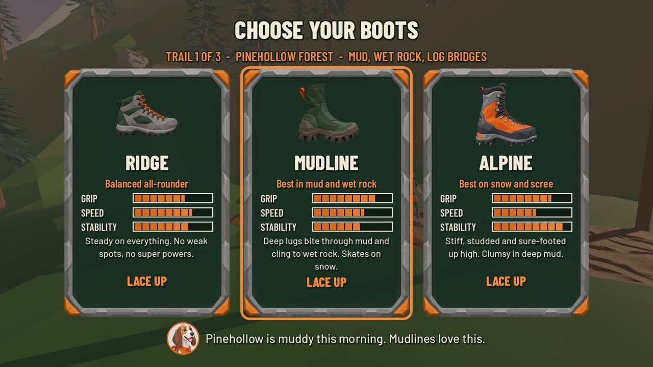 A boot picker with three boots, Ridge, Mudline and Alpine, each with grip, speed and stability bars