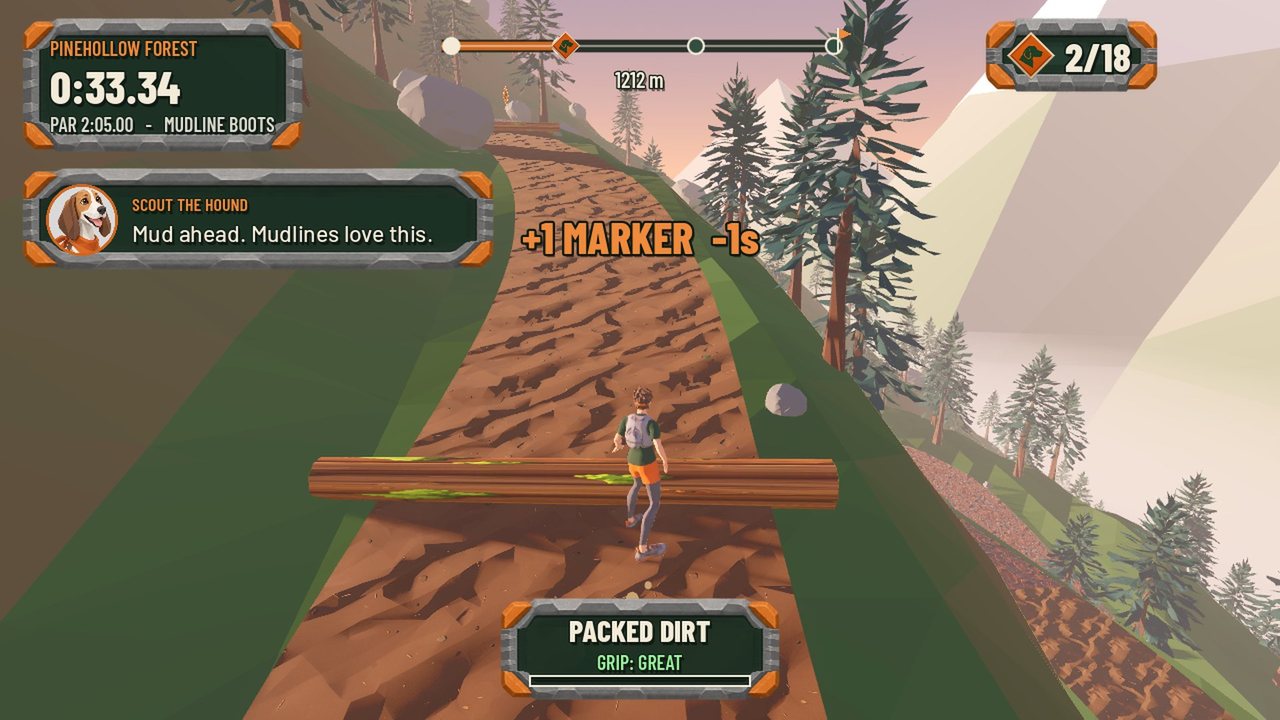 The runner crossing a log on a forest switchback, with a marker collected and the hound guide's tip