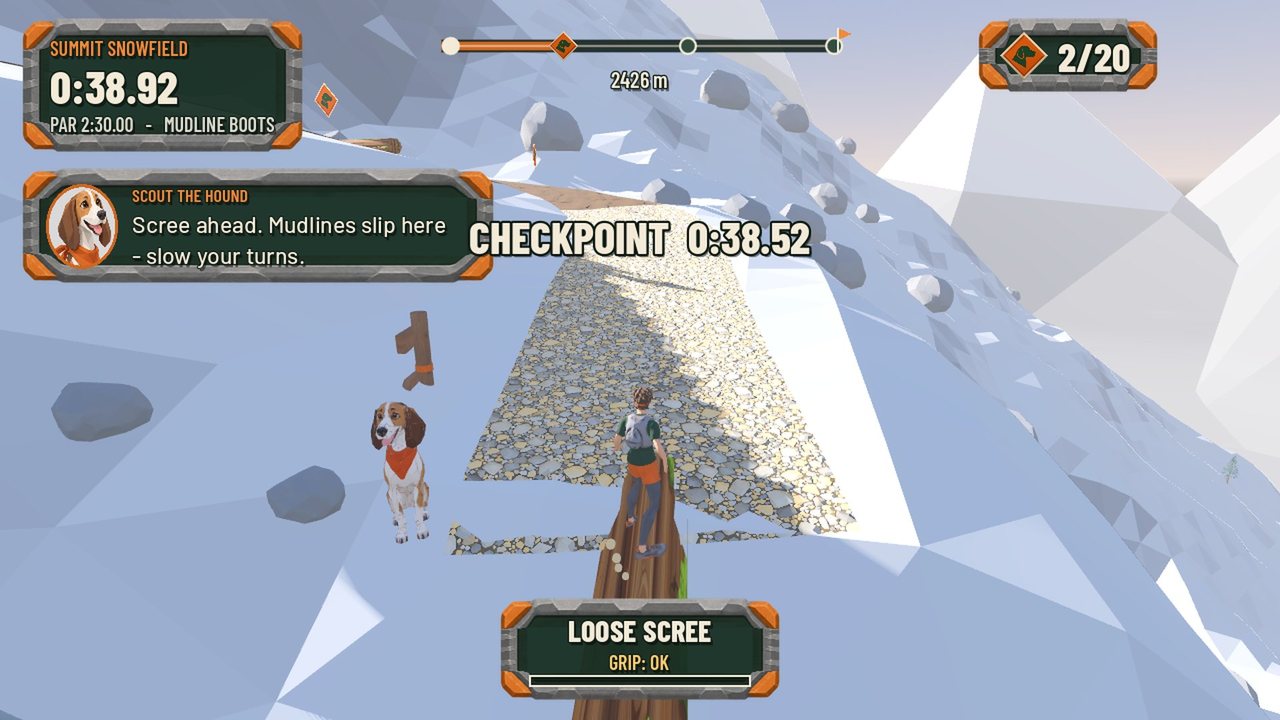 The runner reaching a checkpoint on a snowfield while the hound guide warns that scree is ahead