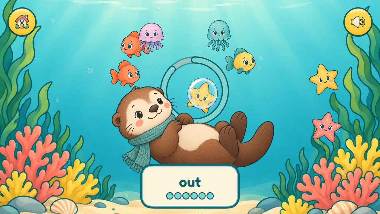 The otter floating on their back holding a bubble inside a filling ring, with fish, jellyfish and starfish around