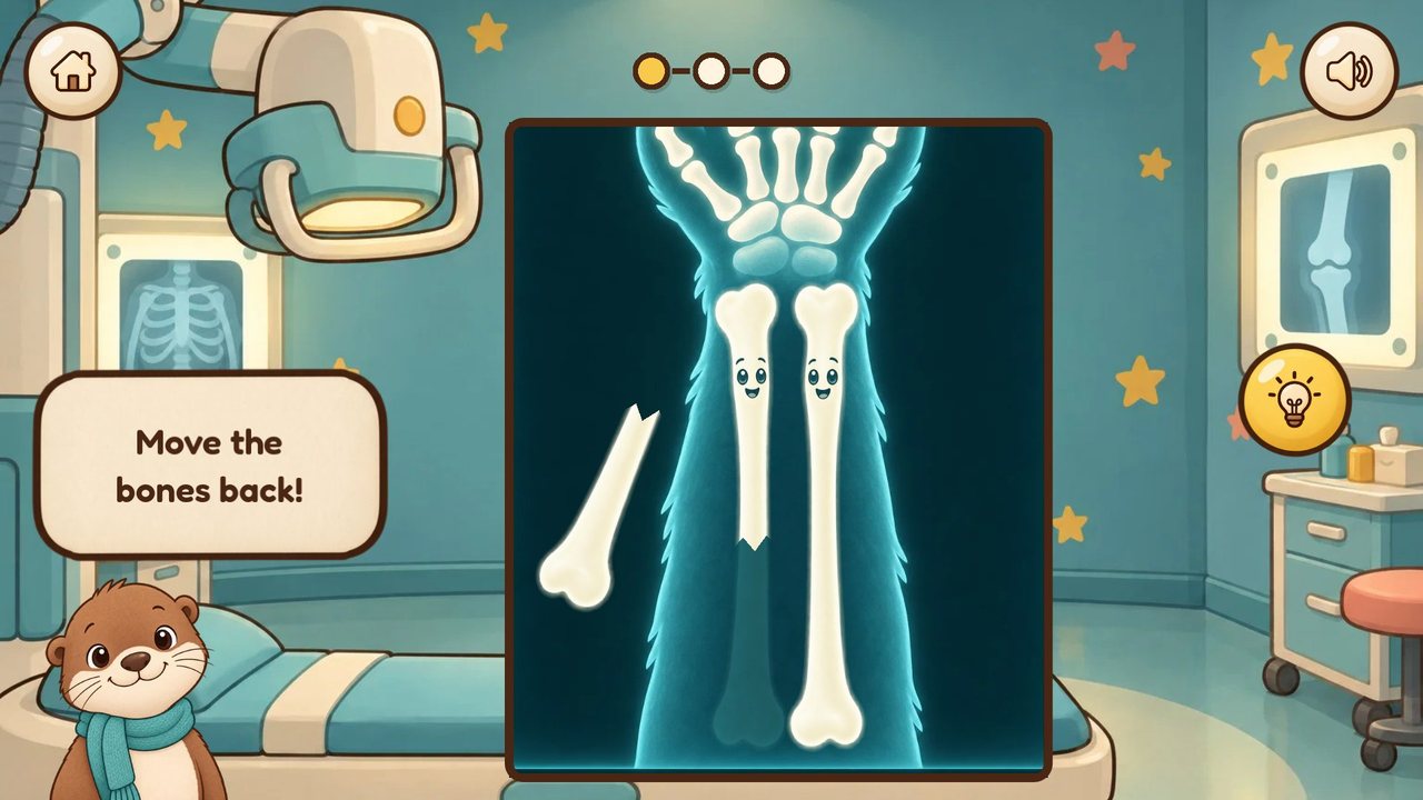 An X-ray of an otter's arm with one bone out of place, and Pip beside it saying Move the bones back!