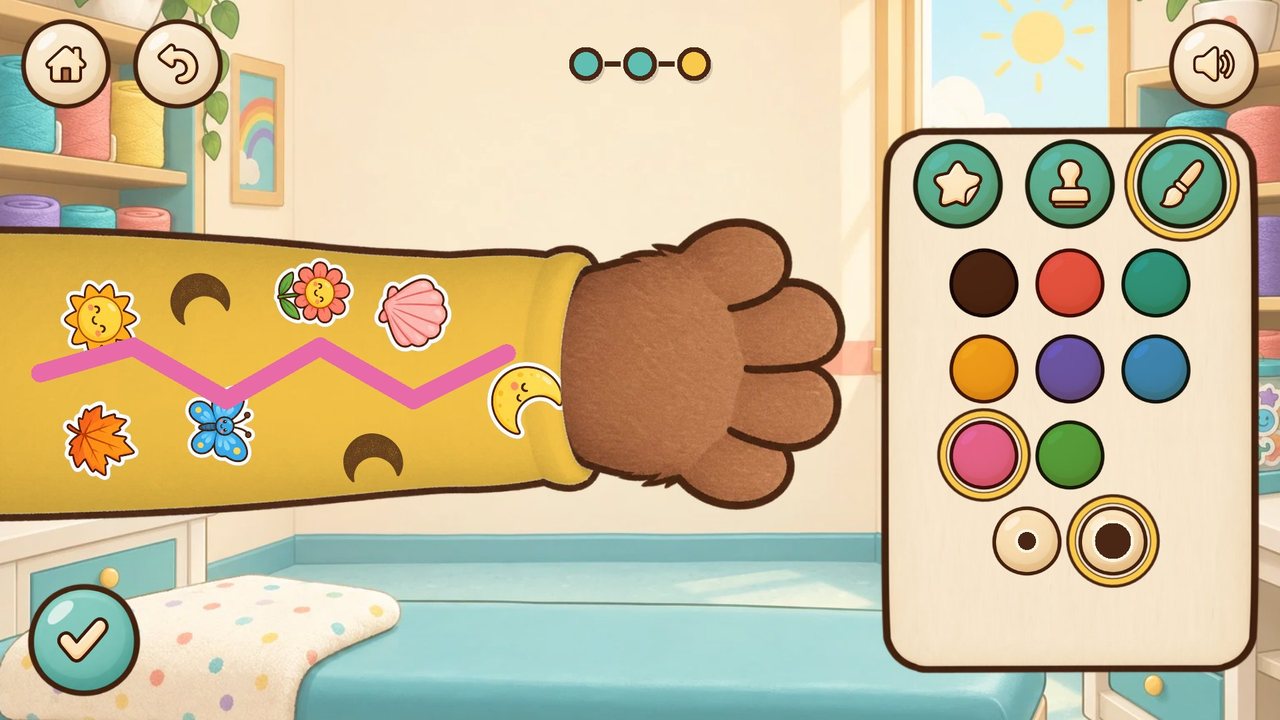 A yellow cast decorated with stickers and a pink zigzag doodle, with a paint and sticker palette