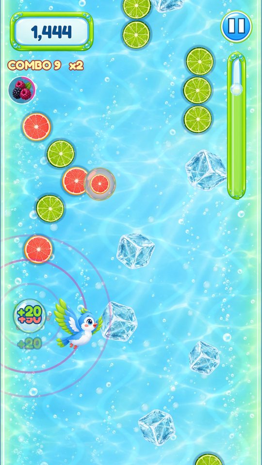 A trail of lime and grapefruit slices up the glass, with a berry magnet power-up and a combo counter