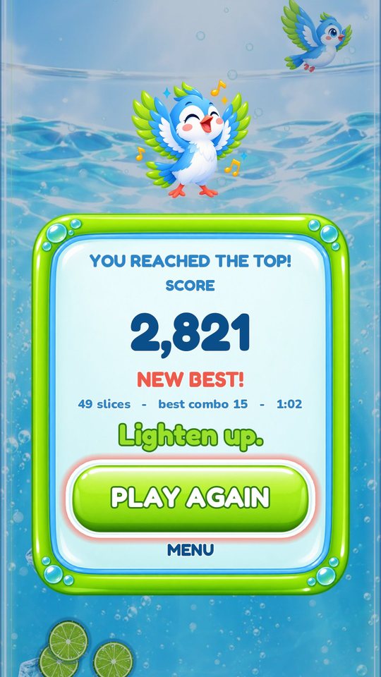 An end screen reading You reached the top, with the score, a new best, the line Lighten up. and Play again