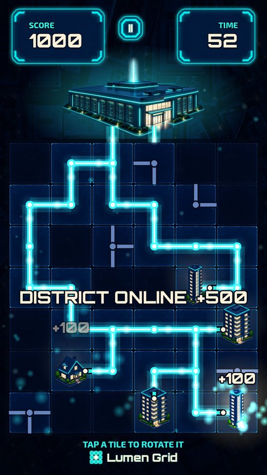 A grid of glowing lines running from a data centre to lit buildings, with District online +500 across it