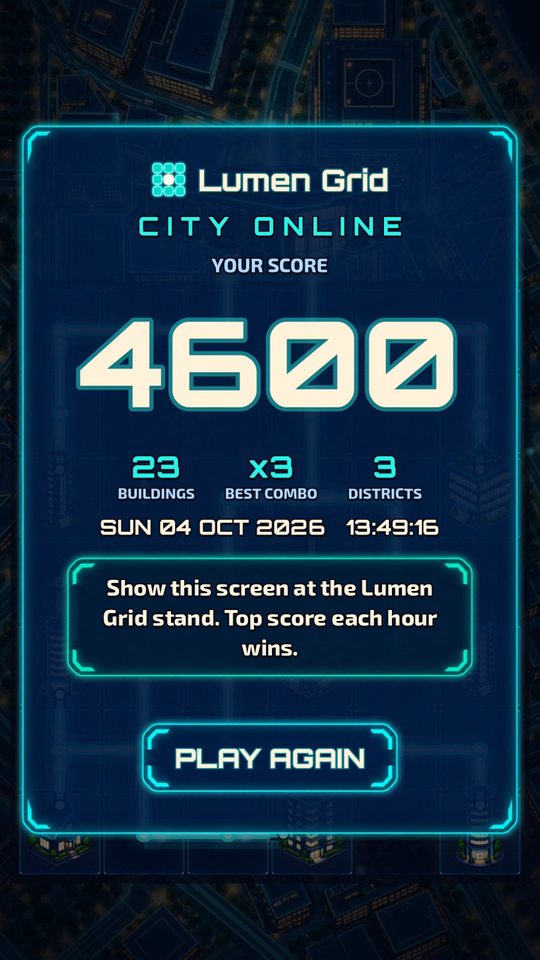 An end screen with a large score, buildings lit, the date and time, and a line asking players to show it at the stand