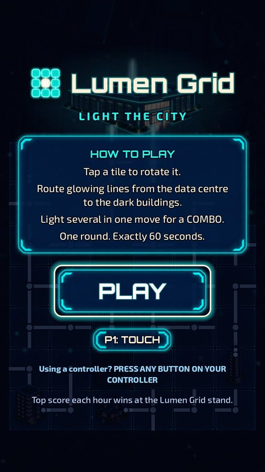 The title screen with the Lumen Grid logo, a short how-to-play card and a Play button