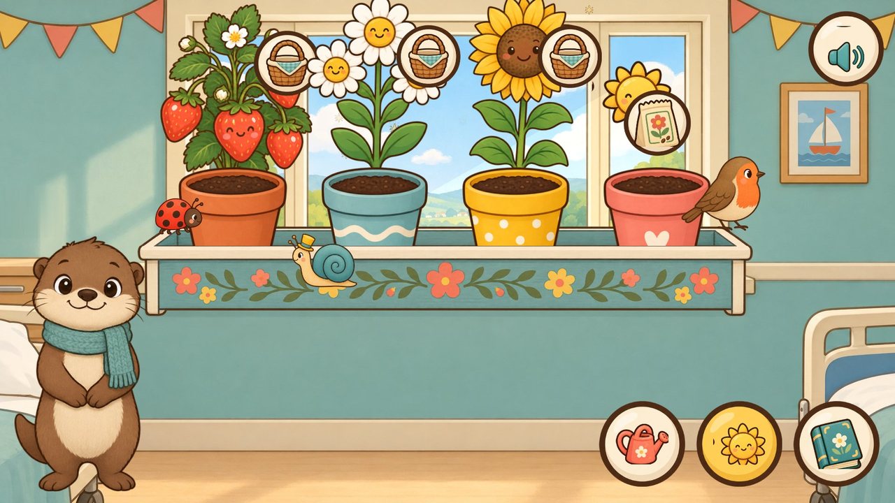 The otter beside a window box of strawberries, daisies and sunflowers, with a ladybird, a snail and a robin
