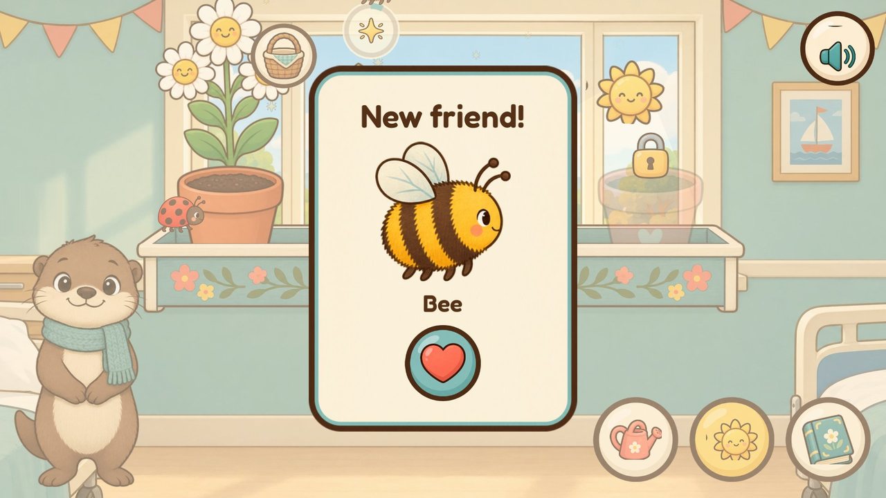 A card reading New friend! with a bee, in front of the window box