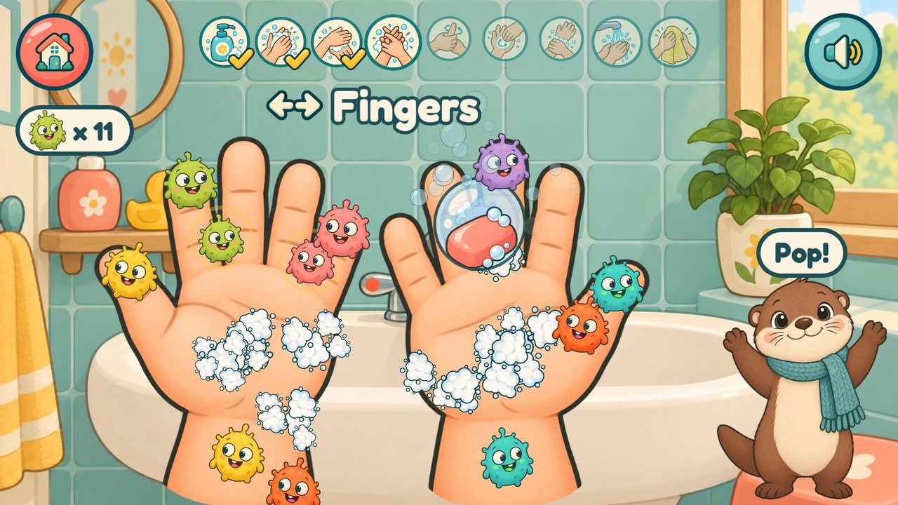 Two cartoon hands covered in foam and googly-eyed germs, with the otter cheering Pop!