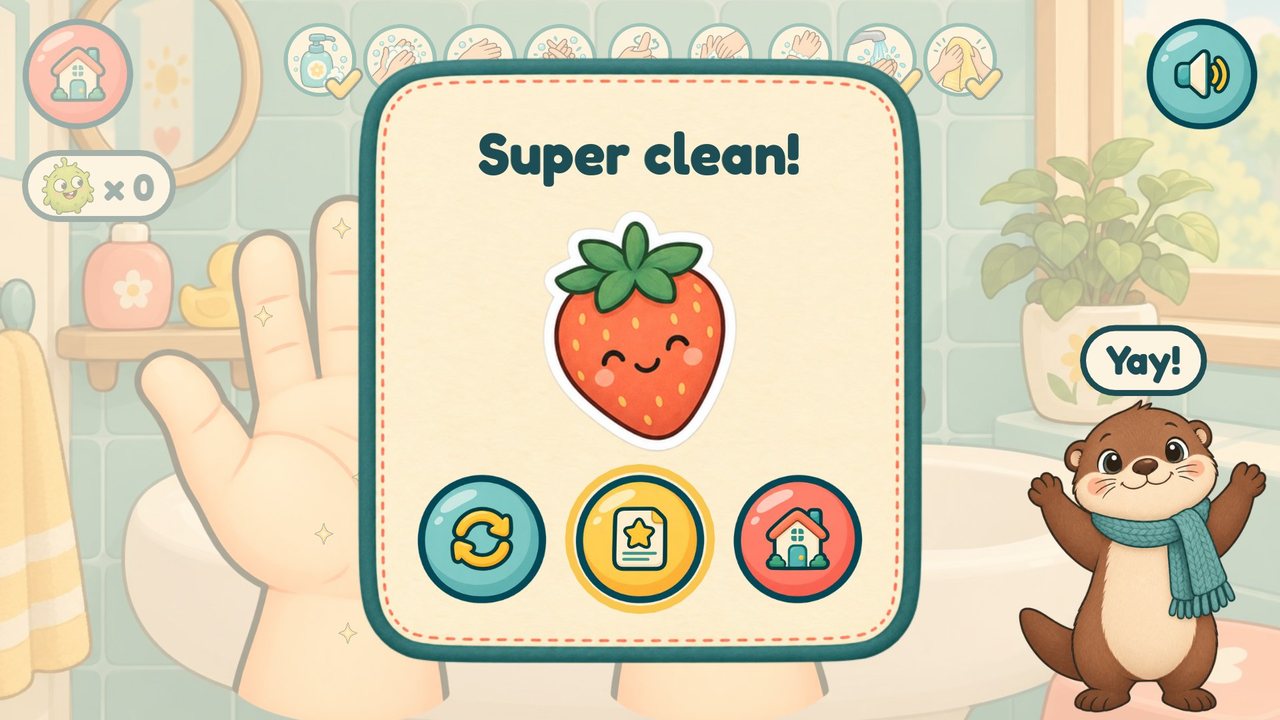 A card reading Super clean! with a strawberry sticker earned