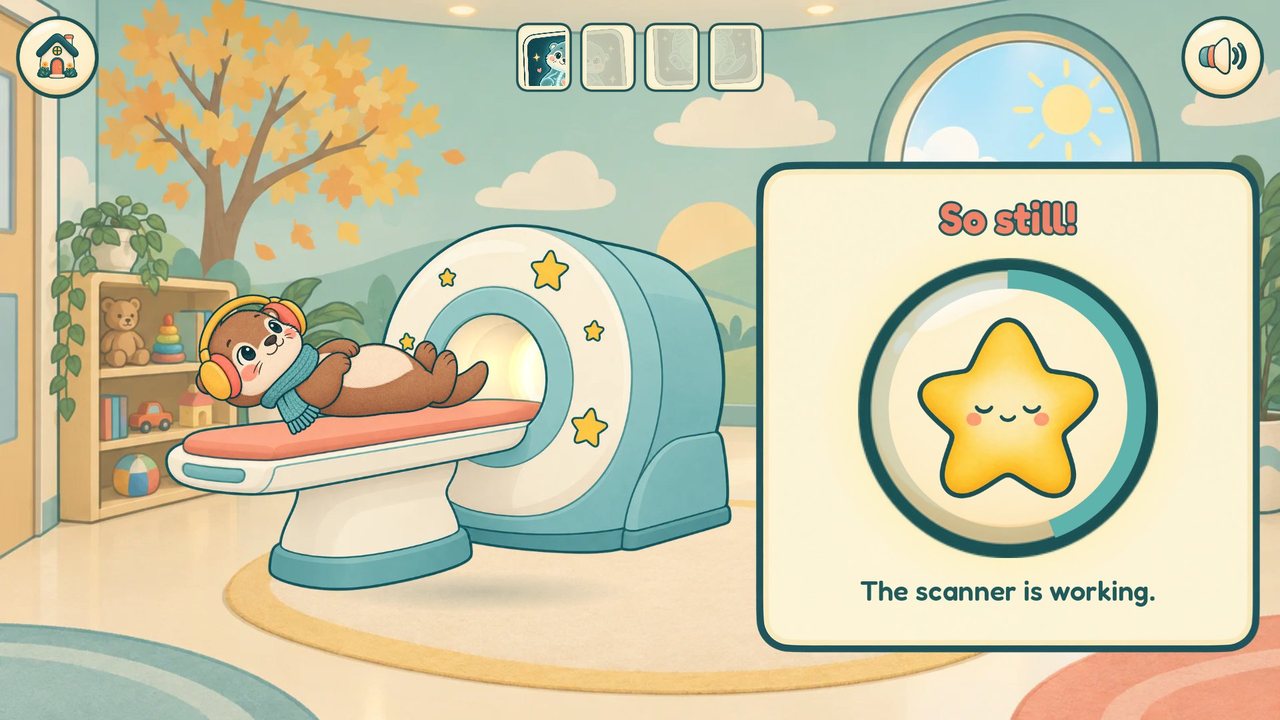 The otter lying on a friendly scanner bed while a card with a glowing star says So still! The scanner is working.