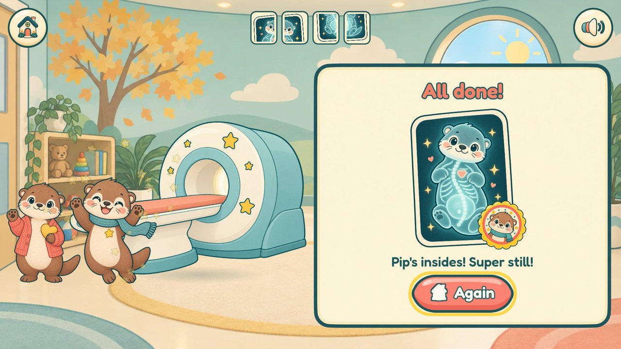 An end card reading All done! with a glowing cartoon picture of Pip's insides and a sticker