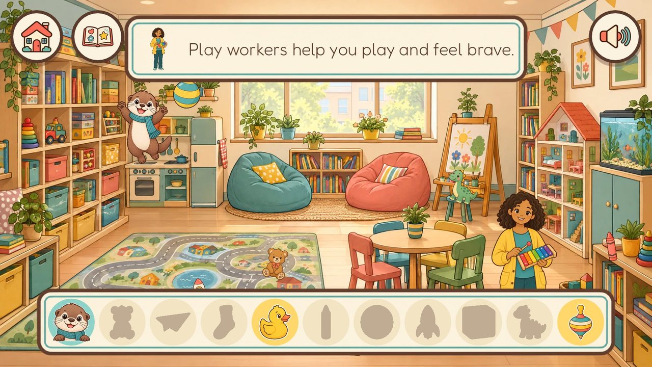 A busy hospital playroom with a play worker, beanbags and a strip of hidden items to find along the bottom