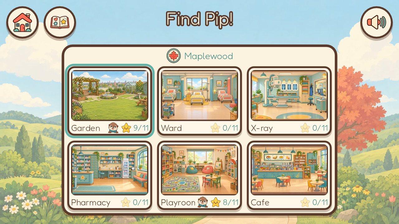 A Find Pip! map of six rooms, garden, ward, X-ray, pharmacy, playroom and café, with progress on each