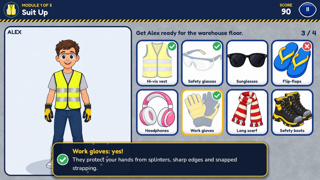 A trainee in a hi-vis vest beside a grid of kit to choose from, with work gloves just picked and a line explaining why