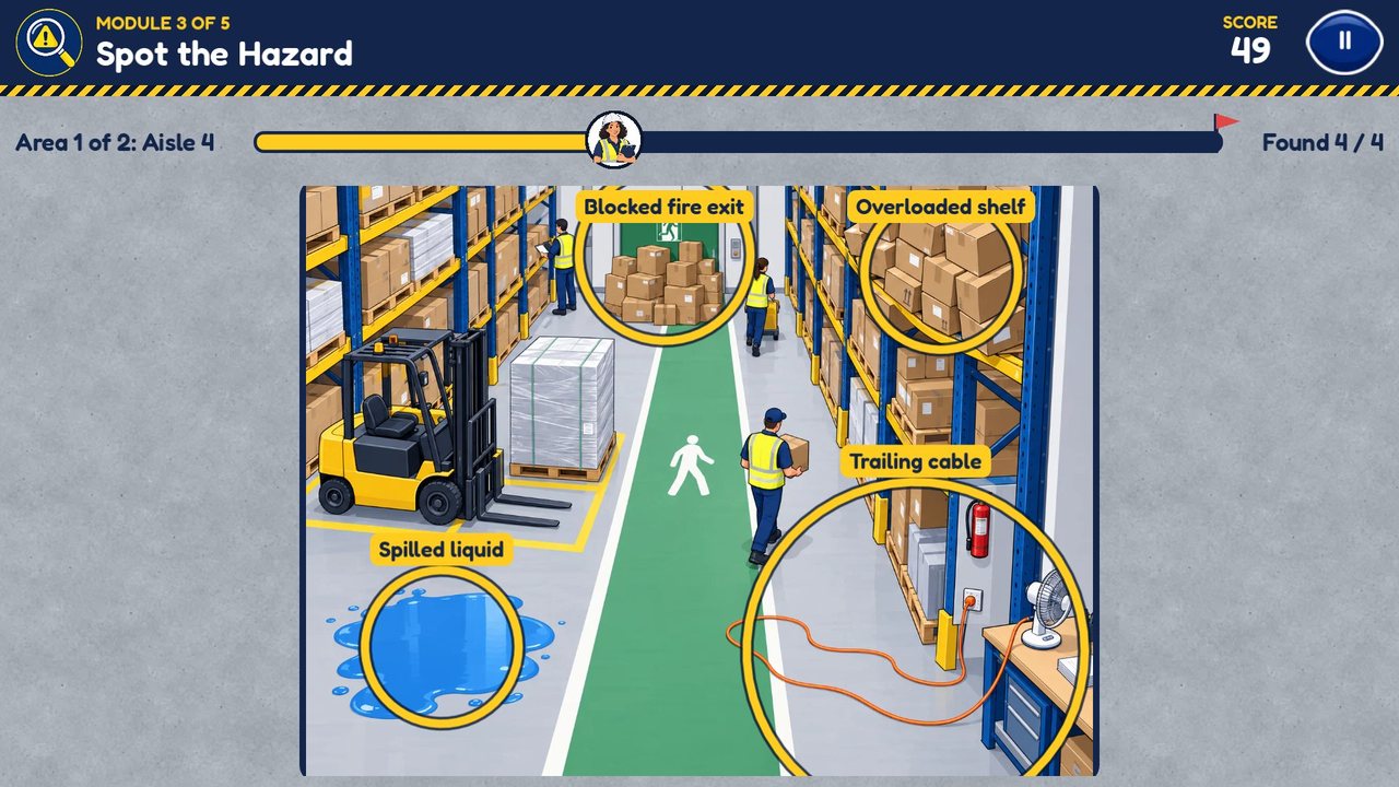 A warehouse aisle with circled hazards: a blocked fire exit, an overloaded shelf, spilled liquid and a trailing cable