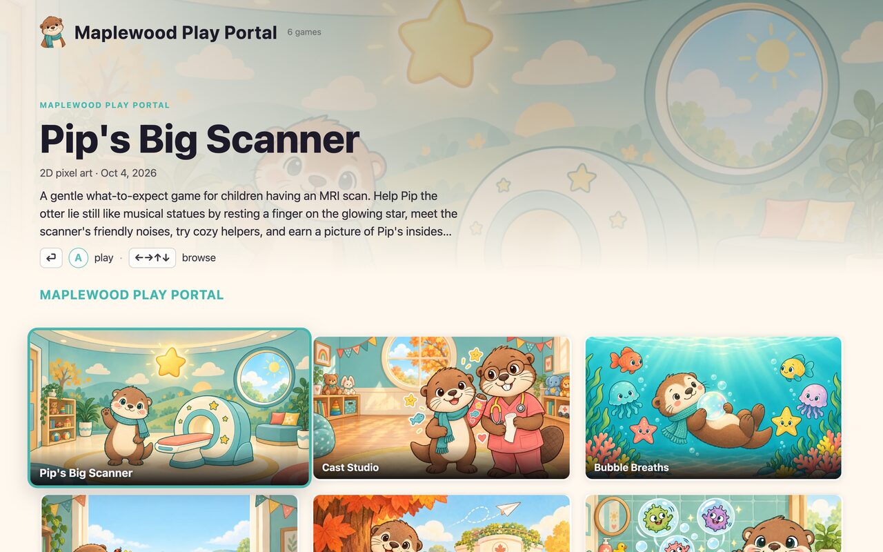 A game portal titled Maplewood Play Portal with an otter logo, a featured game and a grid of six game cards in soft teal and cream