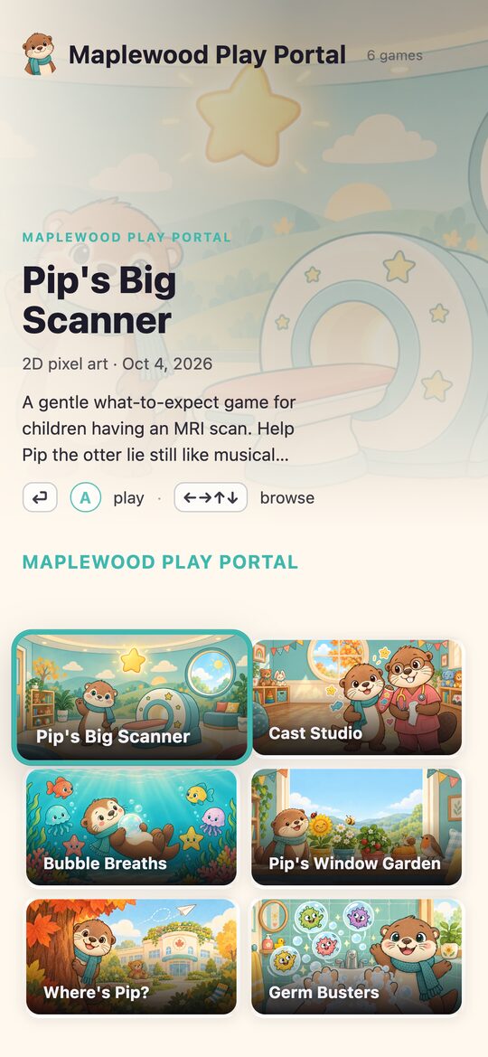 The same portal on a phone, with the six games in two columns