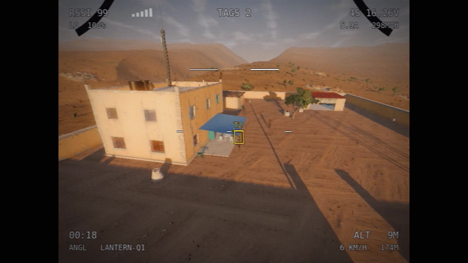 An analog FPV quadcopter feed over the same compound at golden hour, with a battery readout, a timer and a tagged enemy boxed on a rooftop.