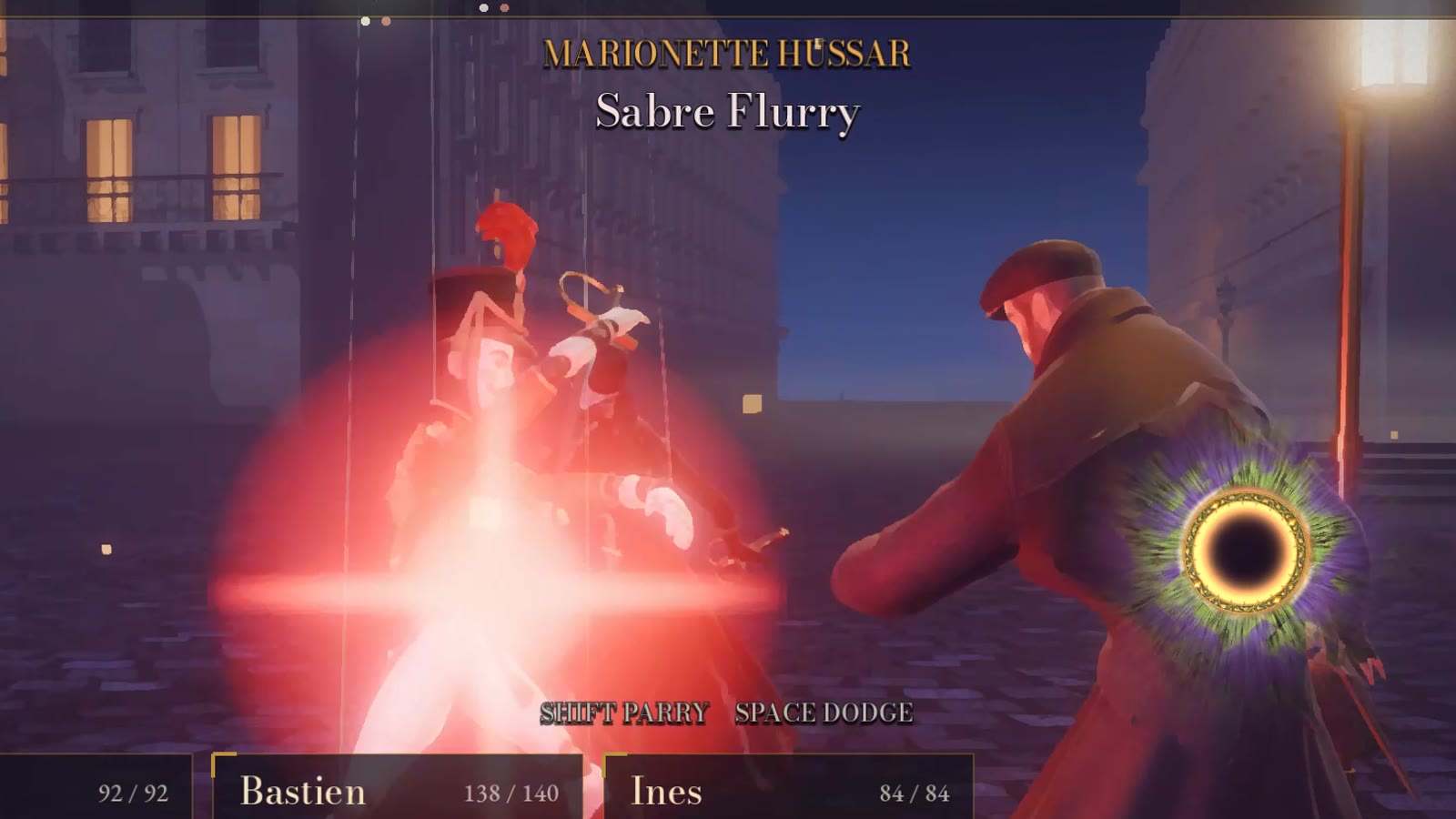 The same fight after one turn of effects work: a parry ring of brass under swirling green-violet smoke, with a red glow on the attacker.