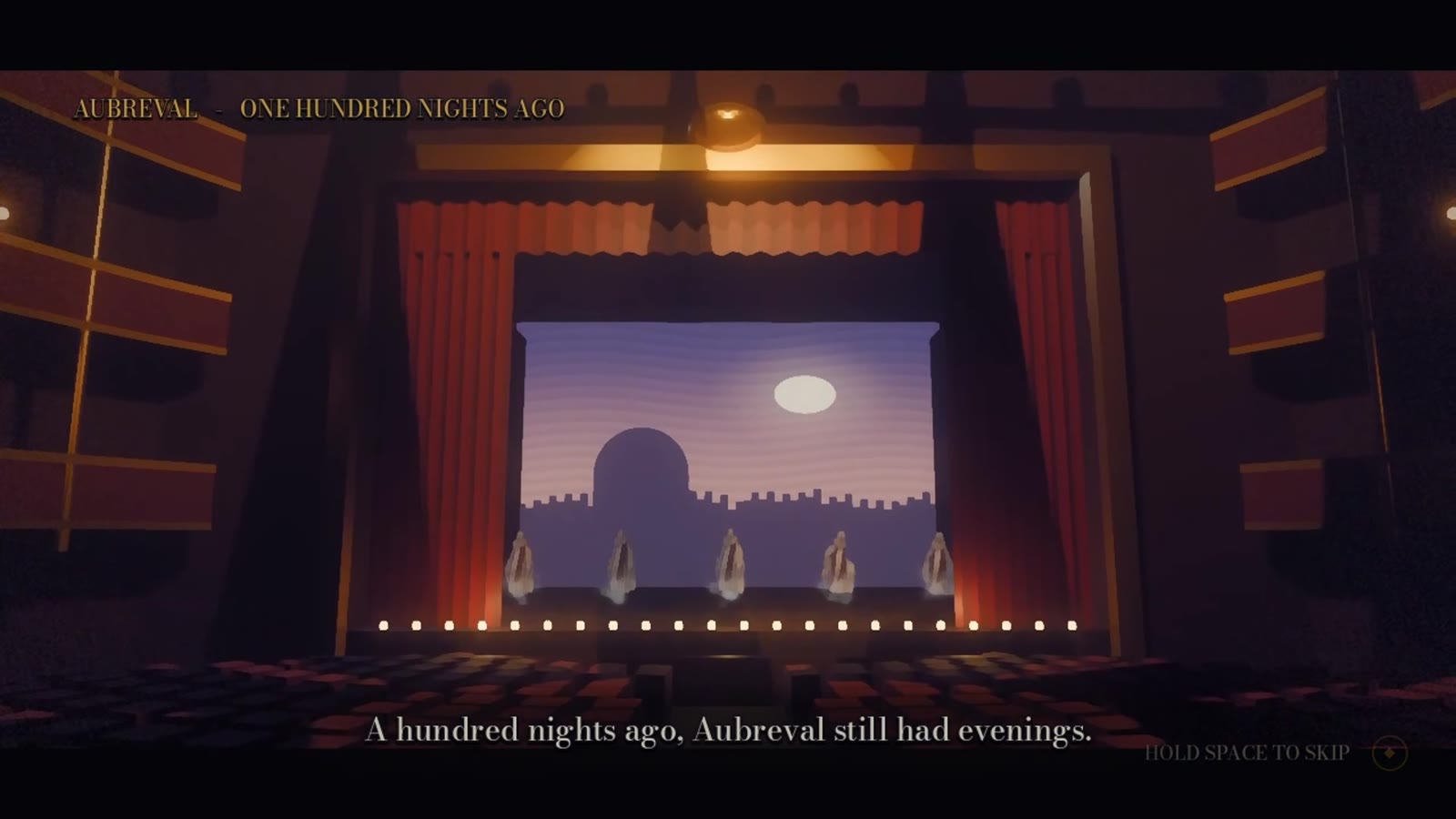 An opera house stage at night with red curtains and a painted moonlit backdrop, the opening scene of a gaslit RPG, playing from a share link.