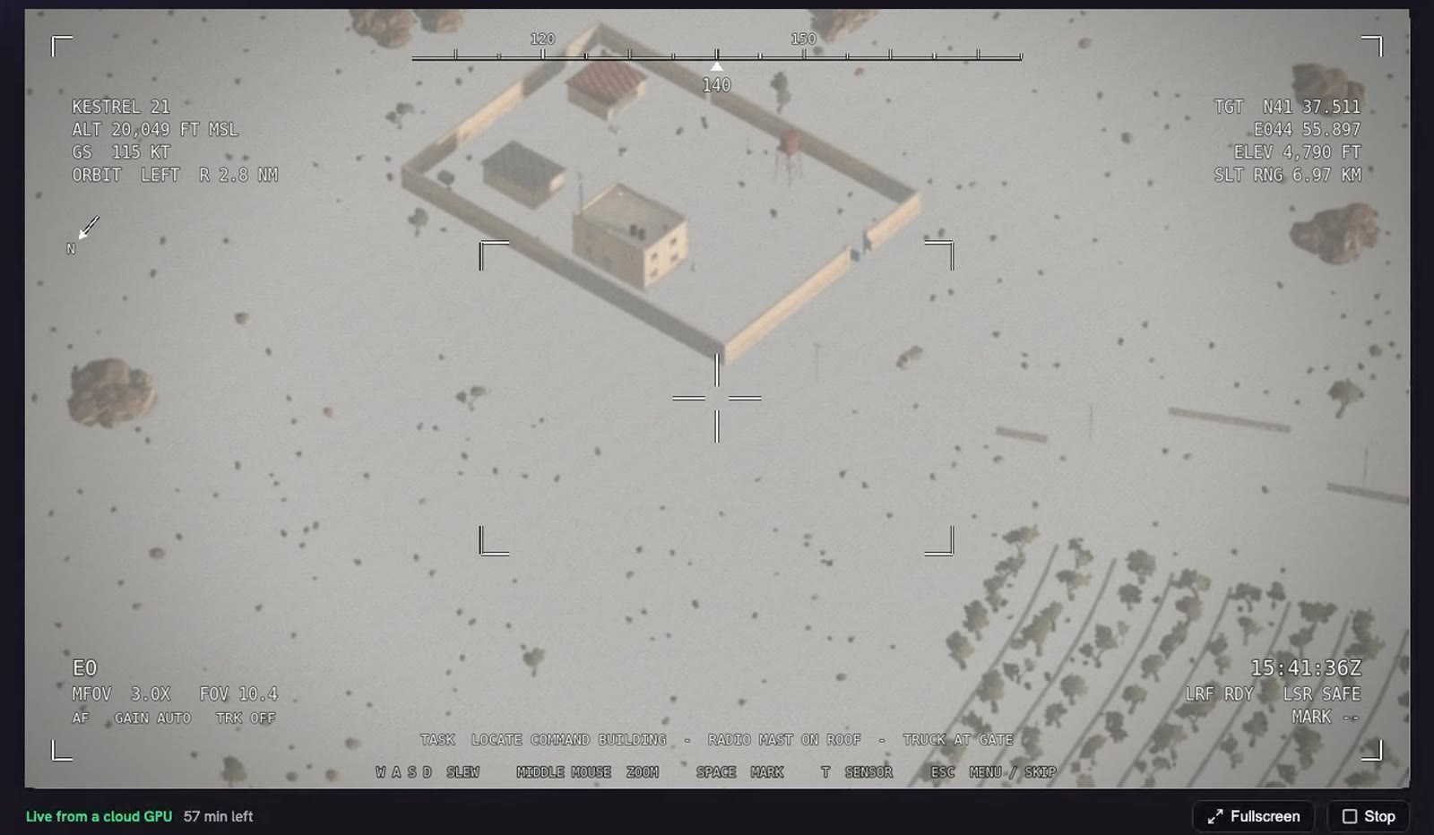 The studio's stream player: a full-colour desktop build playing inside the page, with a Live from a cloud GPU label, the time left, Fullscreen and Stop.
