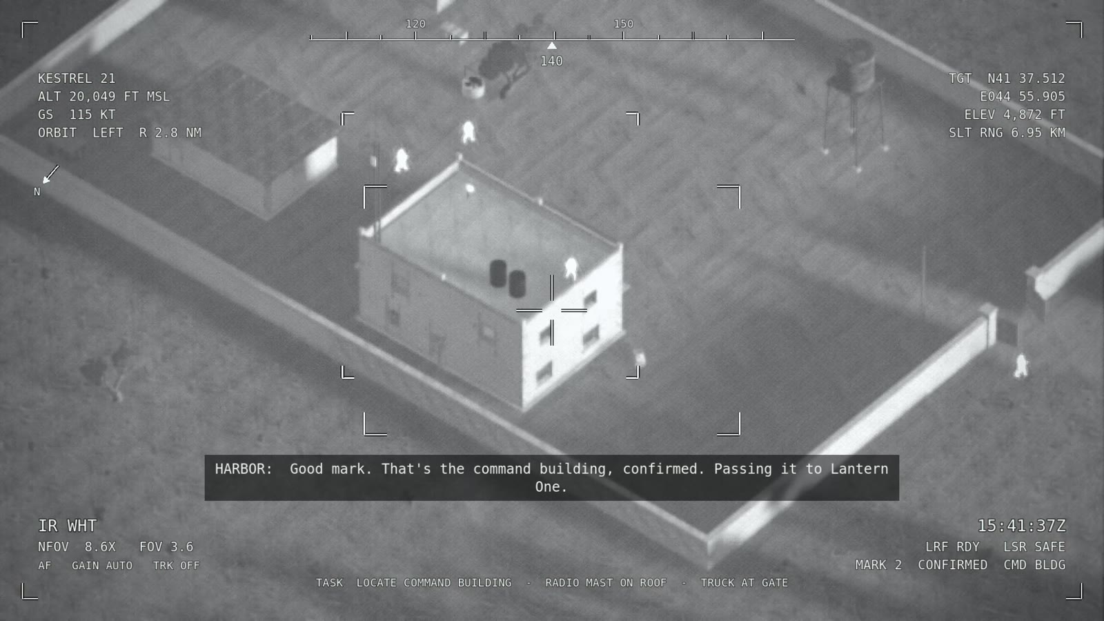 A white-hot thermal feed from a high-altitude drone over a walled compound, with a crosshair, coordinates and a confirmed mark on the command building.