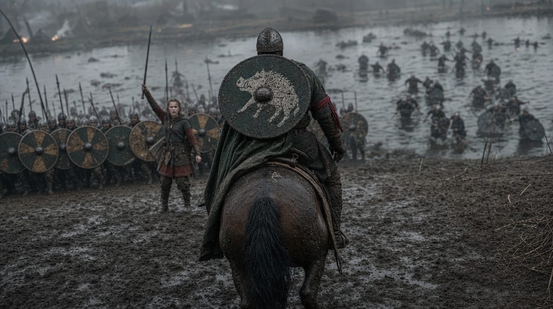A rendered frame from a dream: a mud-caked knight on horseback in a river ford battle