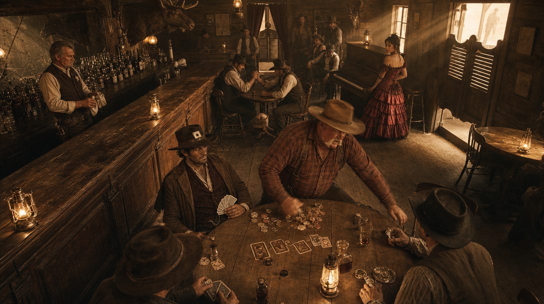 A rendered frame from a western dream: a saloon standoff over a poker table