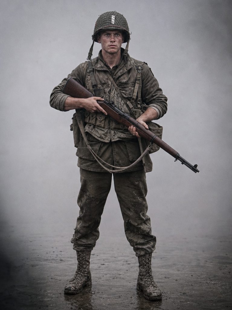 A reference image for a super dream's player character: a young soldier in a helmet and wet field jacket