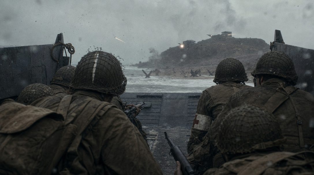 A rendered frame from a super dream: soldiers wading from a landing craft toward a grey beach at dawn