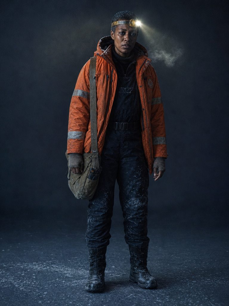 A reference image of a dream's main character: a tall woman in an orange parka with a cracked headlamp
