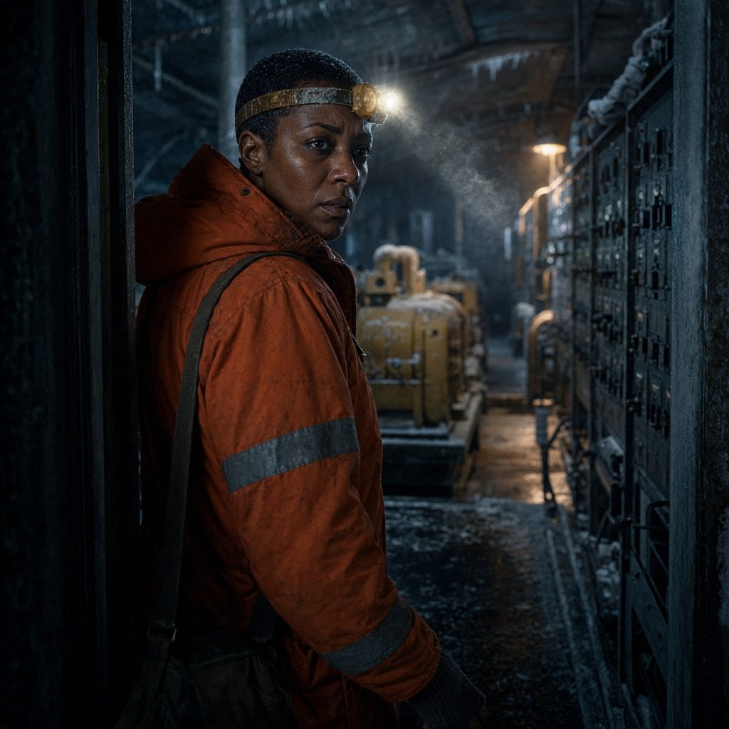 A rendered opening frame from a dream: a lone engineer in an orange parka inside a dark Antarctic research station