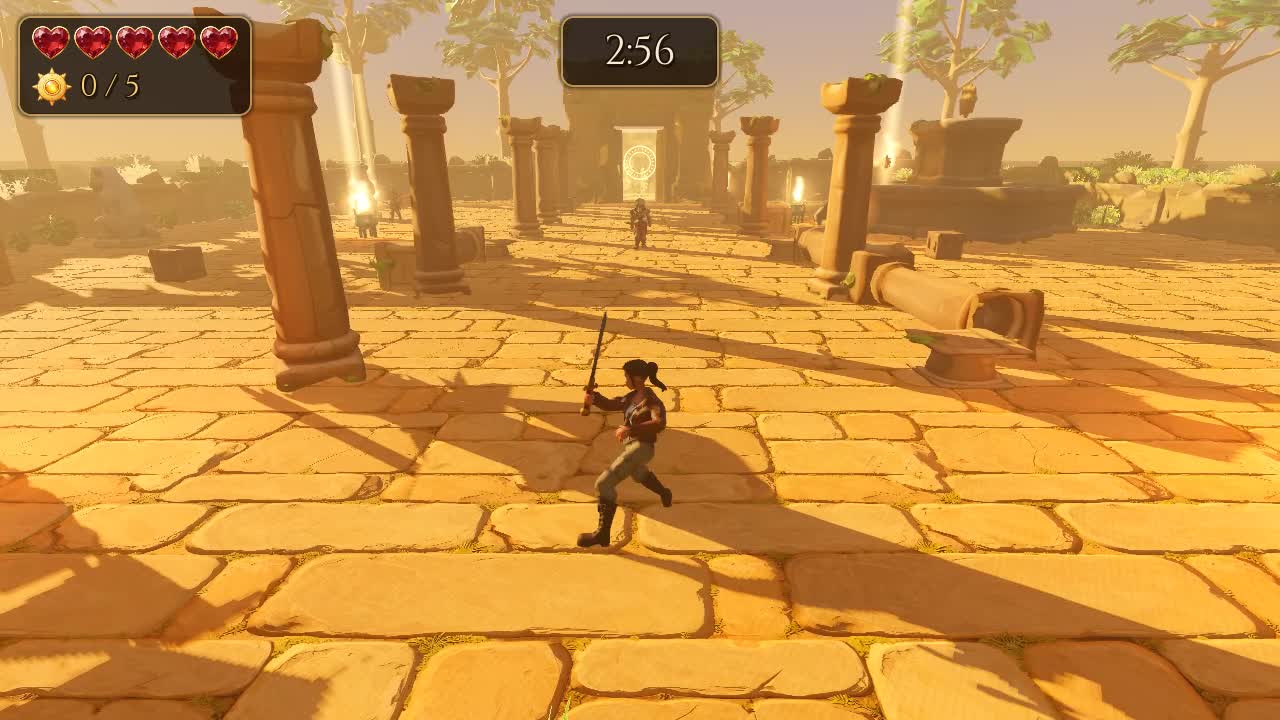 The same game built with Forge 3D: paler stone, broken columns and the explorer with a sword